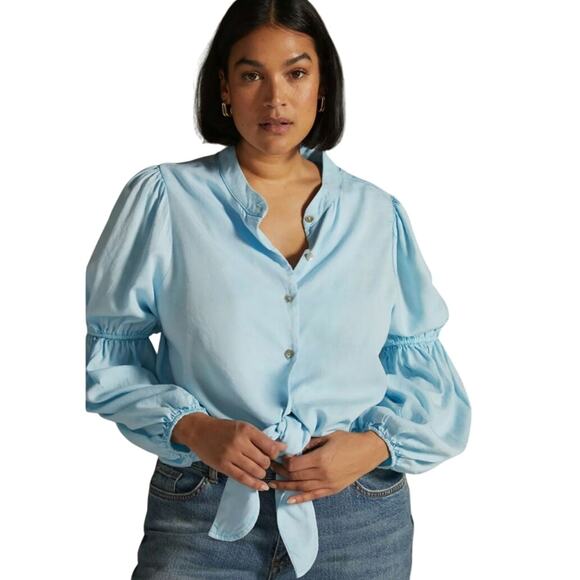 Anthropologie Amadi puff sleeve blouse L tencel Romantic Bohemian Blue Peasant - Picture 2 of 13